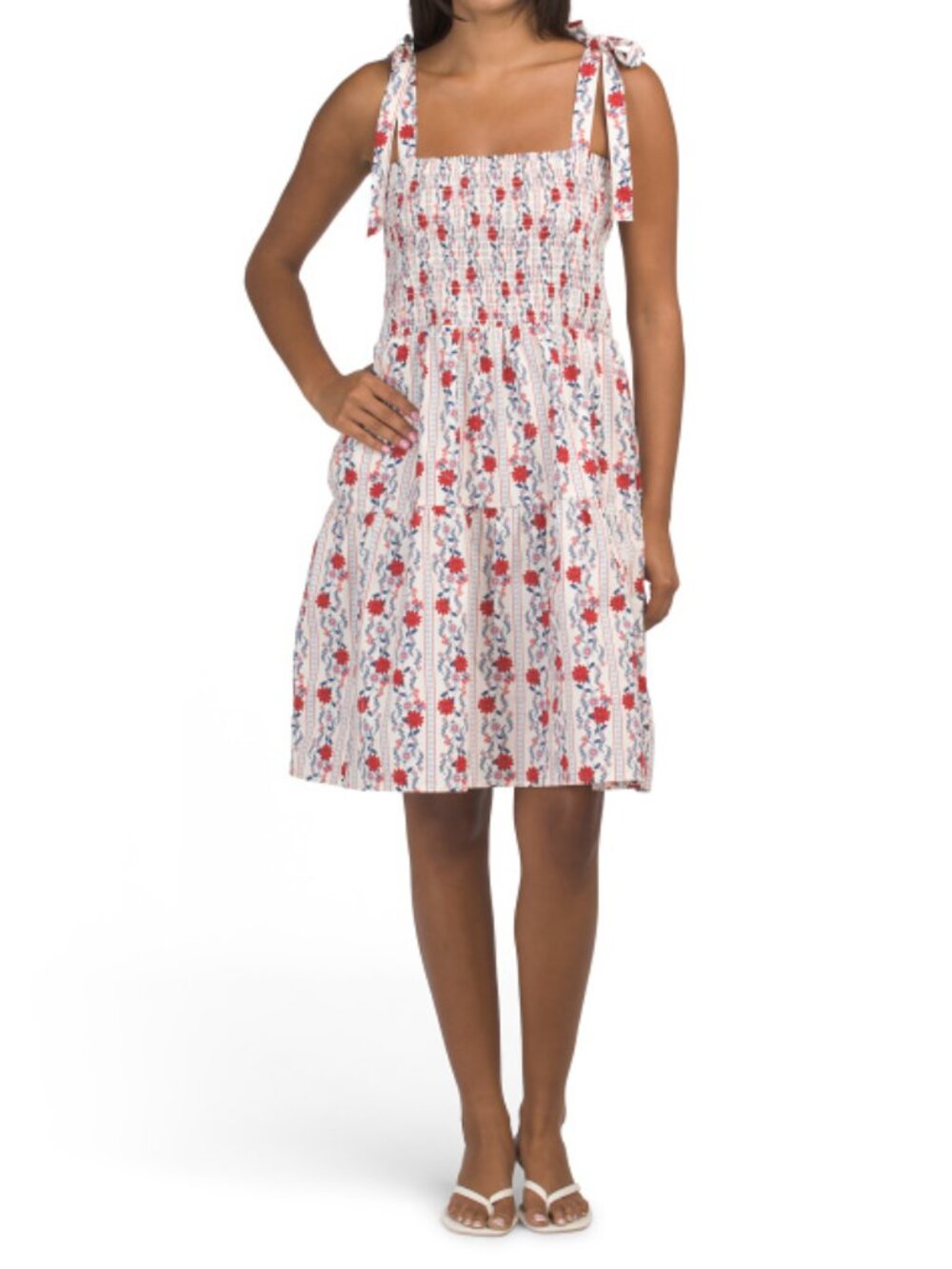 JOIE FAMOUS BRAND Red/Ivory Vertical Border Floral Tie Shoulder Mini Dress